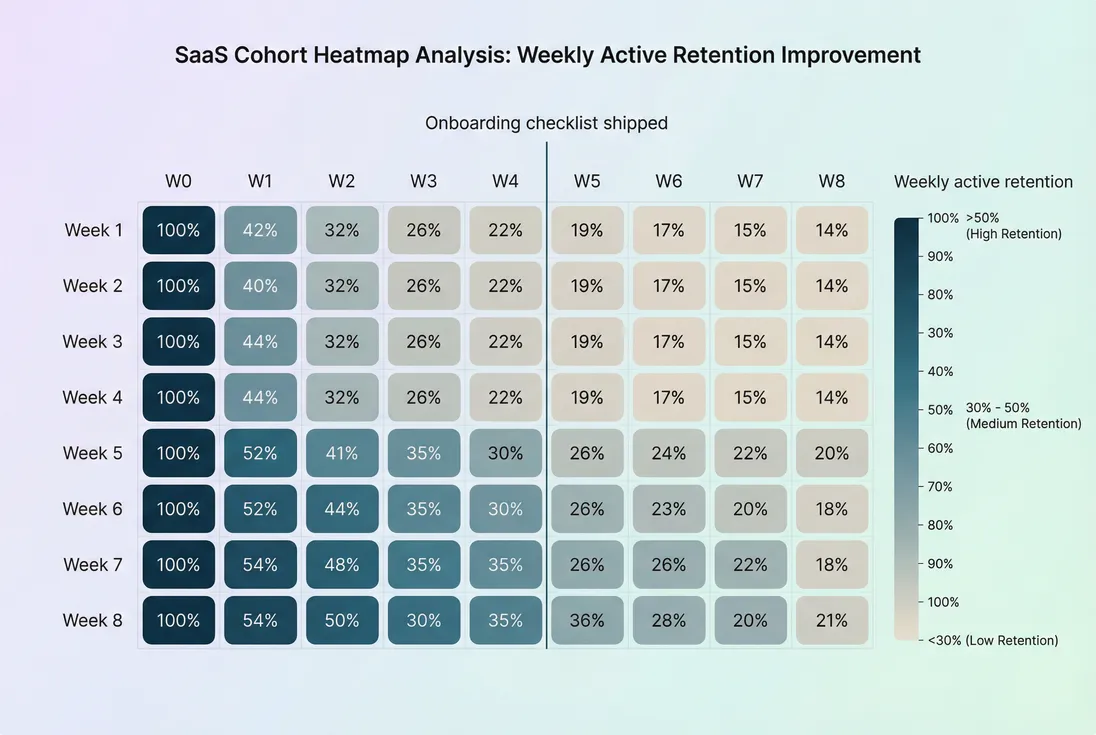 Cohort heatmap of weekly active retention by signup week, showing improving retention after an onboarding change