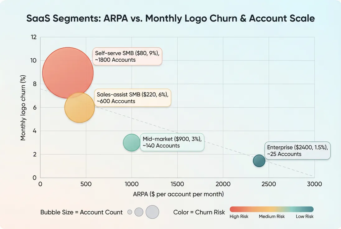 Bubble scatter plot showing segments by ARPA and churn with bubble size representing account count
