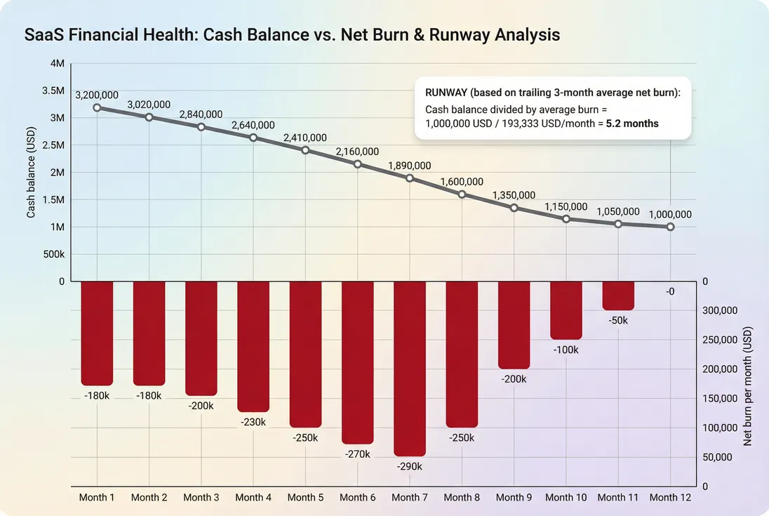 Line chart of cash balance and monthly net burn showing runway