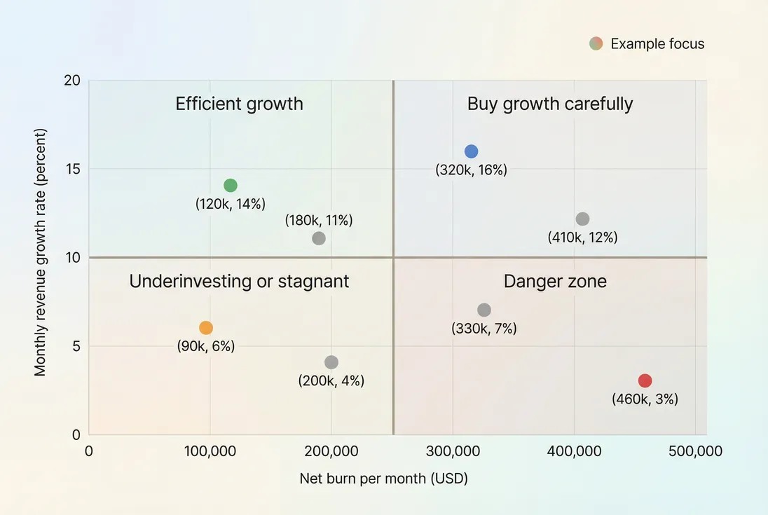 Scatter plot showing growth versus net burn with four decision quadrants