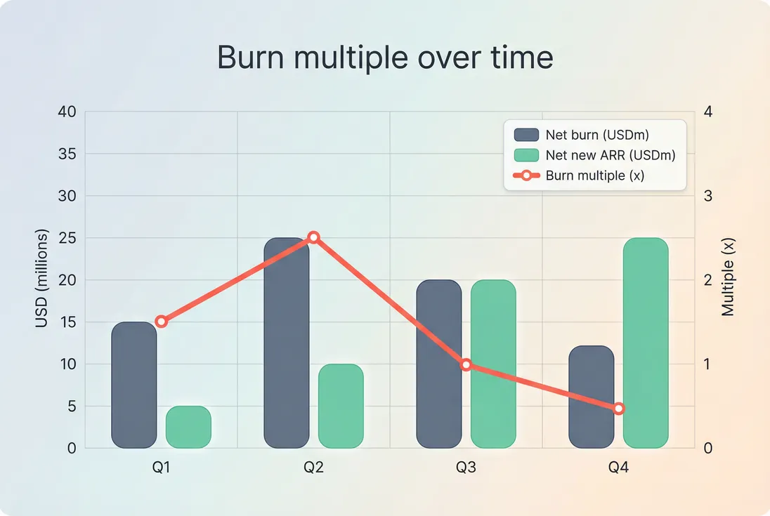 Combo chart showing net burn bars, net new ARR bars, and burn multiple line by quarter