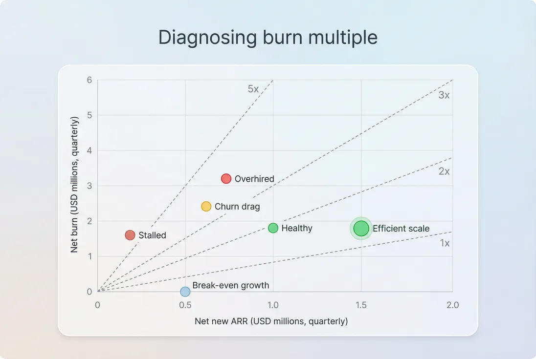 Scatter plot of net burn vs net new ARR with diagonal iso-lines for burn multiple