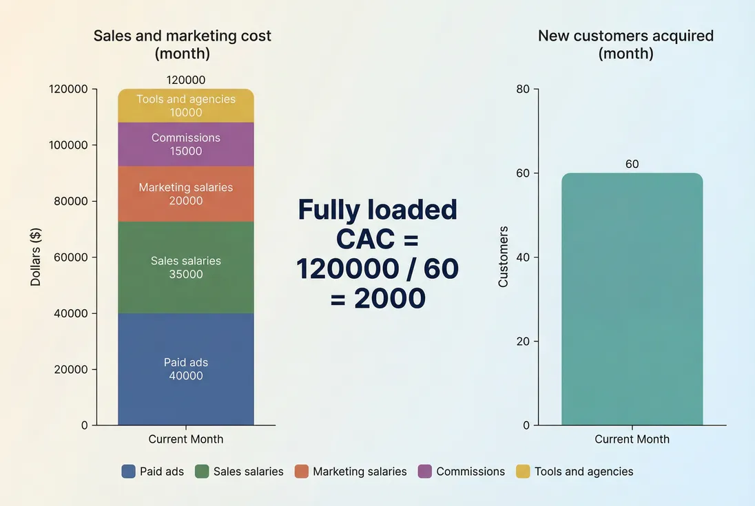 Stacked bar chart showing CAC numerator components and the resulting fully loaded CAC per customer