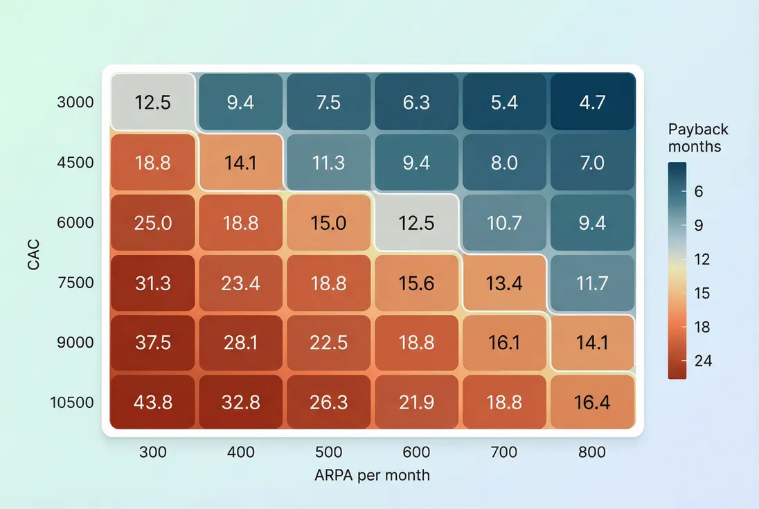 Heatmap showing CAC payback months as CAC and ARPA change with gross margin held constant