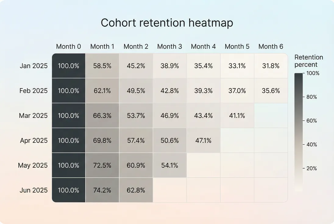 Cohort retention heatmap example by signup month