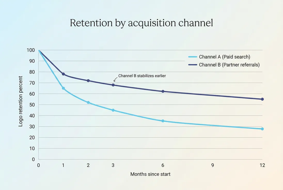 Retention curves comparing acquisition channels