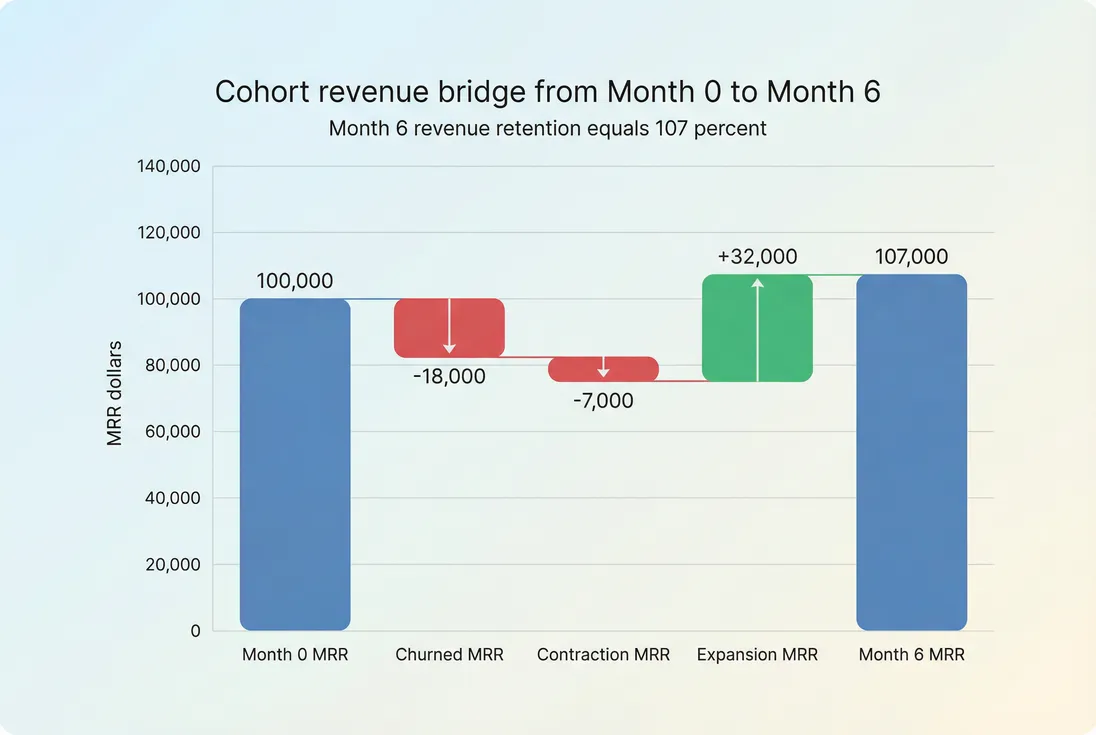 Waterfall bridge from starting cohort MRR to later MRR