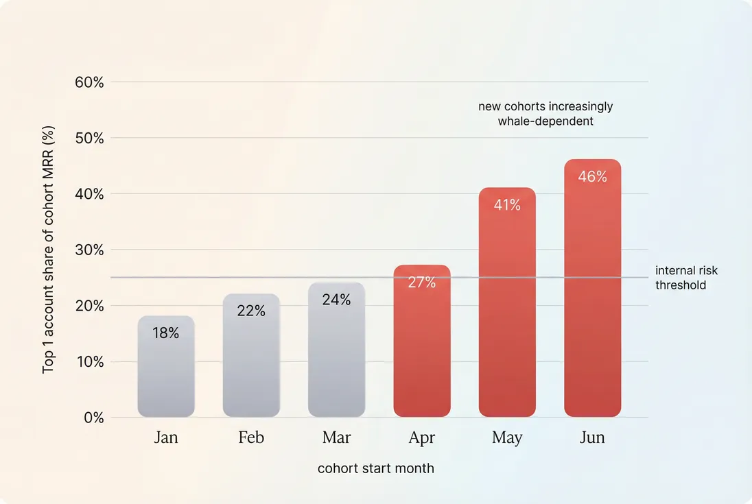 Grouped bar chart showing top 1 account share of cohort MRR by start month cohort