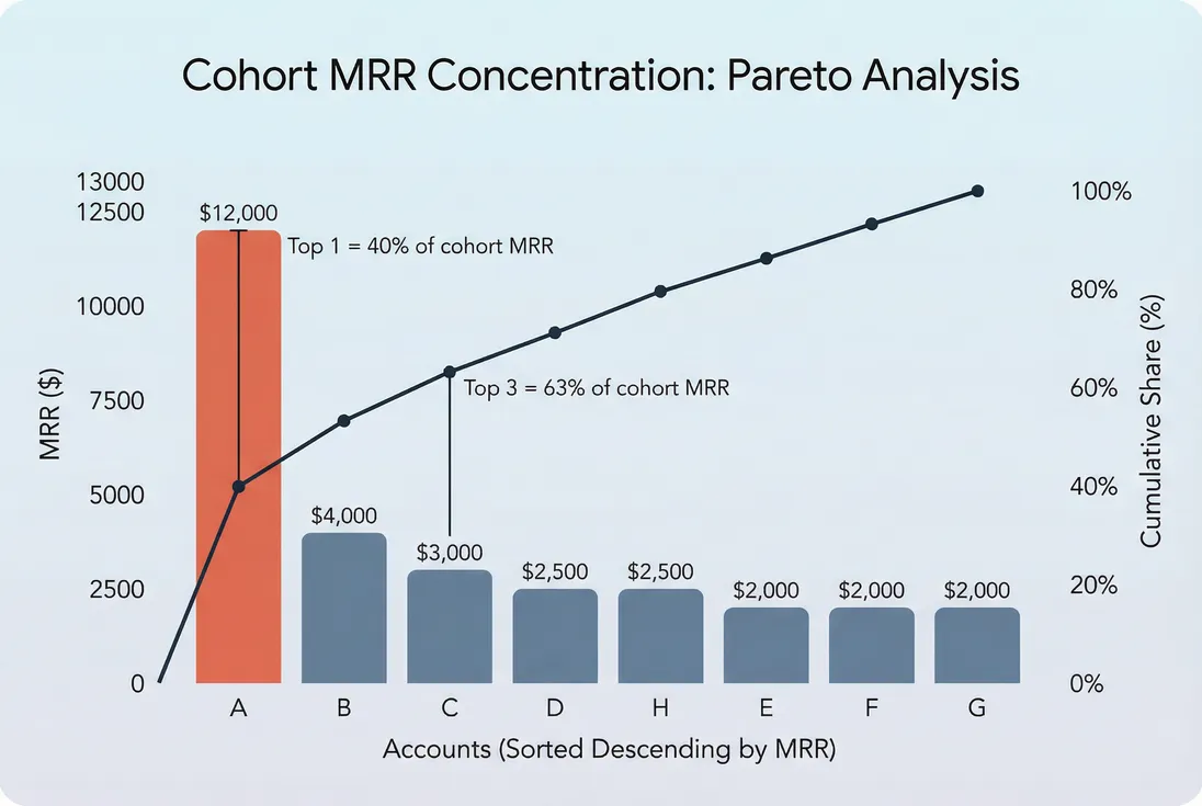 Pareto chart of account MRR distribution within a cohort with cumulative revenue line