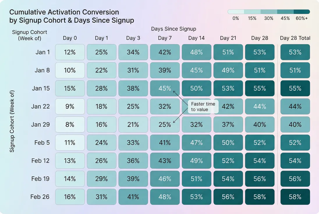 Cohort heatmap of cumulative activation conversion by days since signup