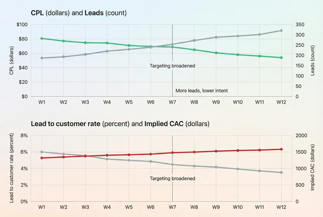Time series showing CPL, lead-to-customer rate, and implied CAC moving in different directions