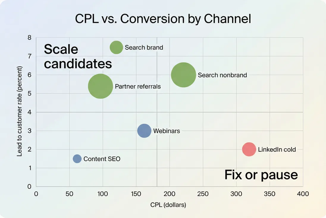 Channel scatter plot mapping CPL versus lead-to-customer rate with bubble size for expected value