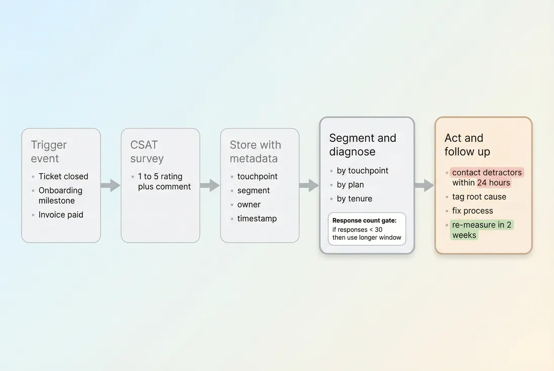 Operational loop from CSAT trigger to action and follow-up