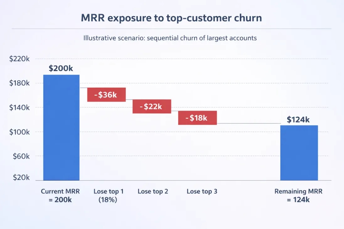 Waterfall chart showing ARR impact if top customer churns and partial mitigation from new bookings