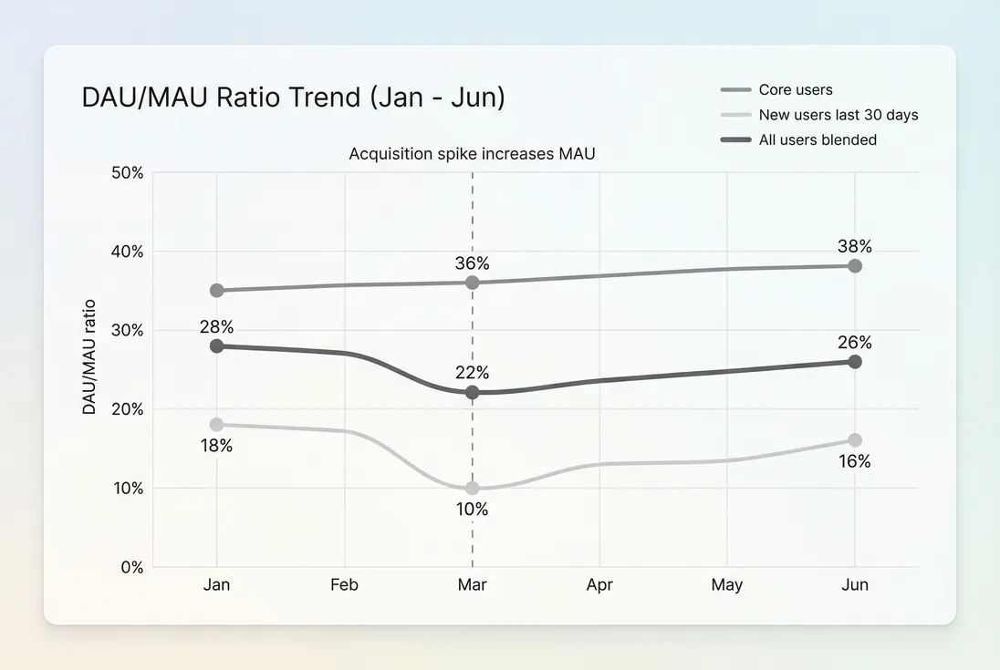 Line chart showing DAU/MAU stickiness over 6 months split by segment, illustrating how a growth-driven MAU spike can temporarily reduce stickiness