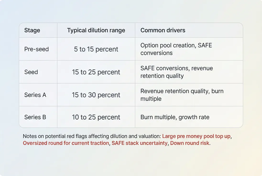 Table-style visualization of typical dilution ranges by funding stage with red-flag notes