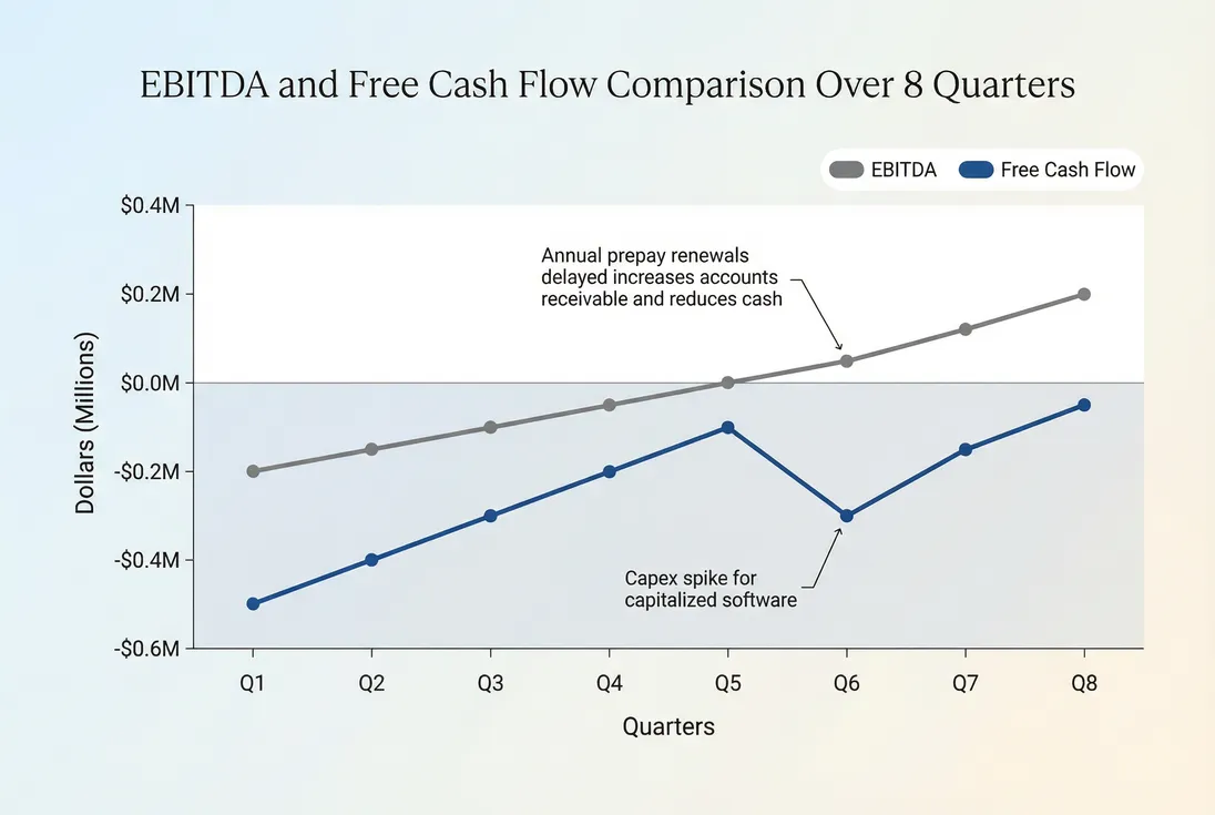Line chart comparing EBITDA and free cash flow with a working capital and capex callout