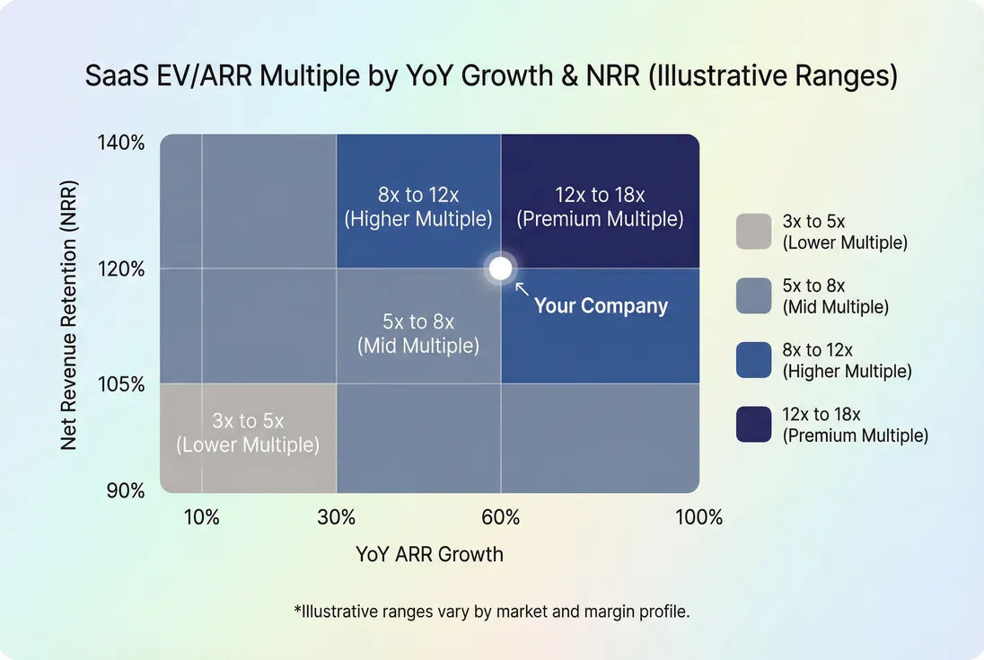Heatmap showing EV to ARR multiple bands across ARR growth and net revenue retention