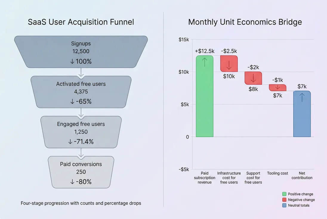 Freemium funnel with unit economics from signups to paid MRR and cost to serve free users