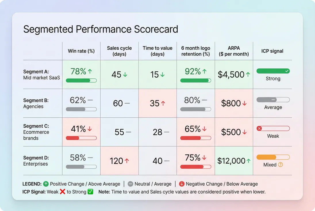 ICP segment comparison across win rate, time to value, retention, and ARPA
