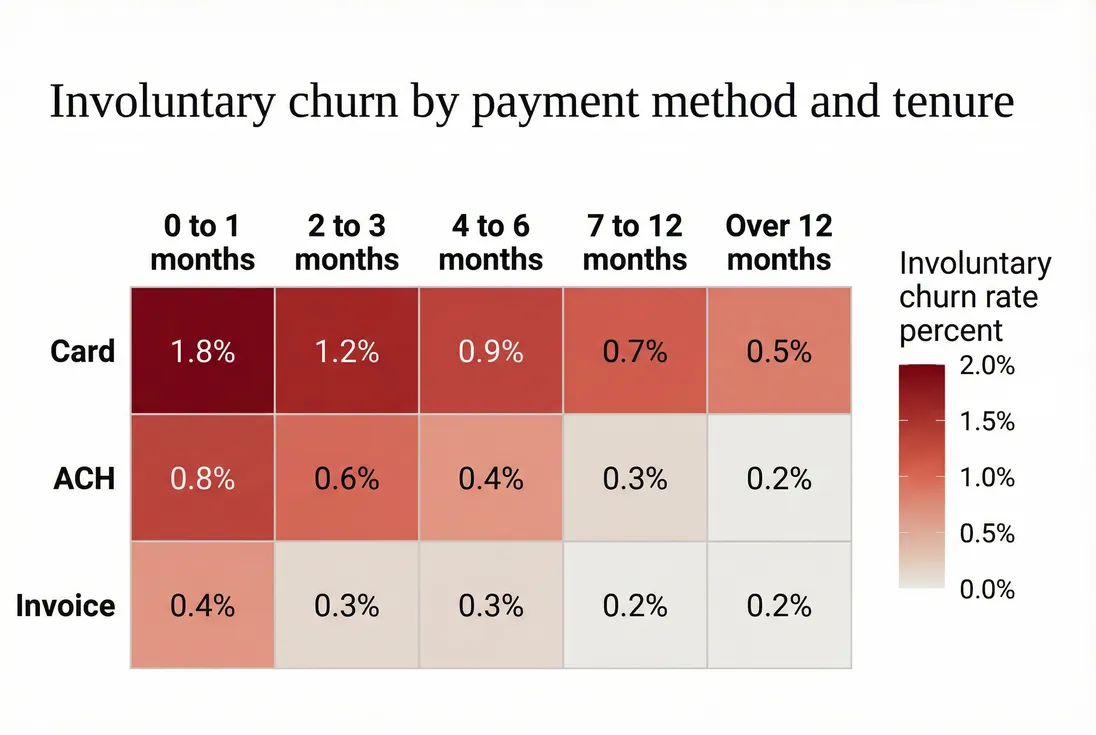 Cohort-style heatmap comparing involuntary churn rate by payment method and customer tenure bucket