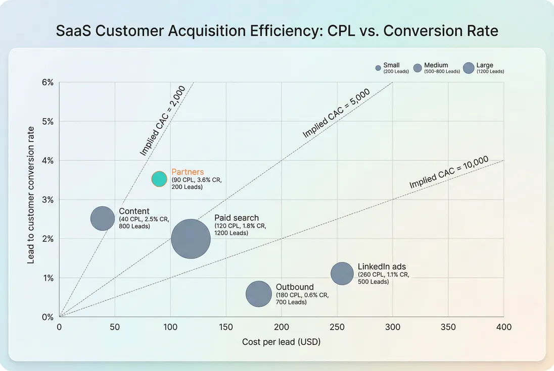 Scatter plot showing channel CPL versus lead conversion rate with iso-CAC lines