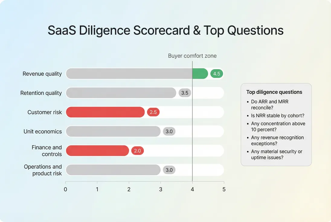 M&A readiness scorecard across revenue, retention, customer risk, unit economics, and controls