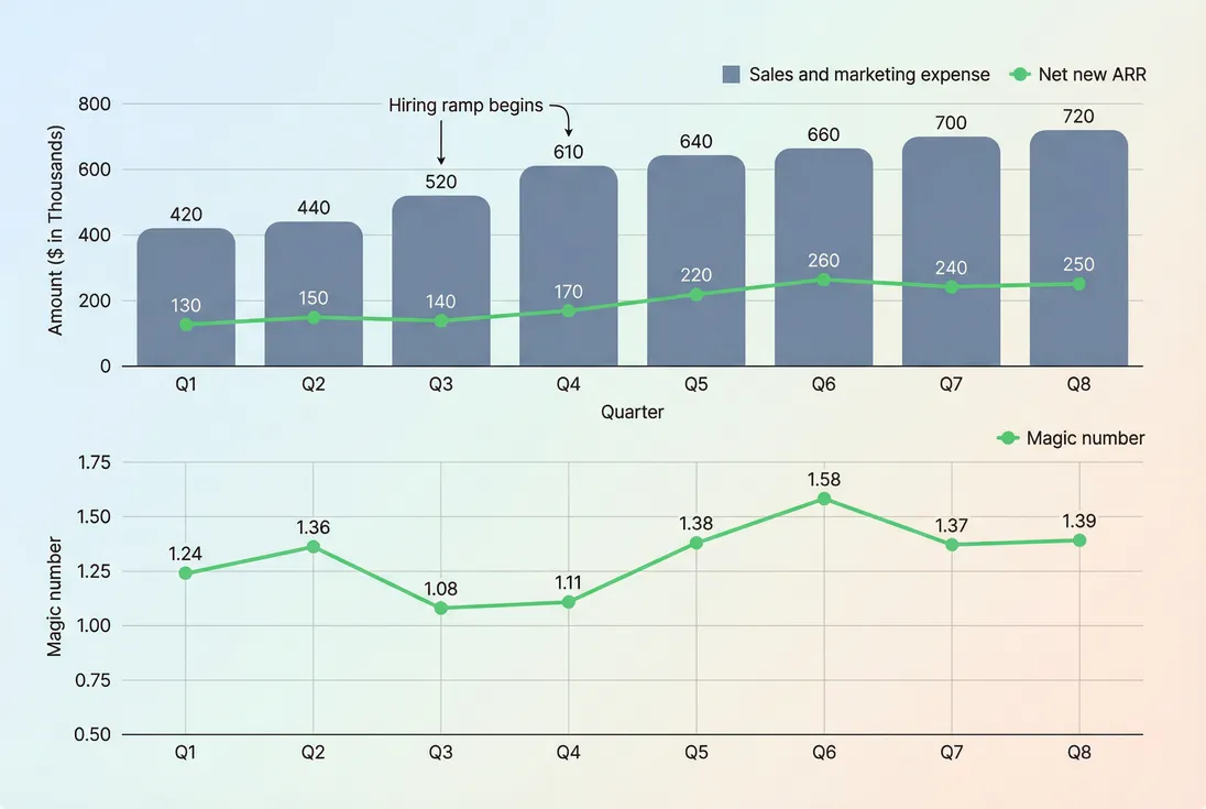 Quarterly trend showing how hiring and spend changes lag their impact on net new ARR and the magic number