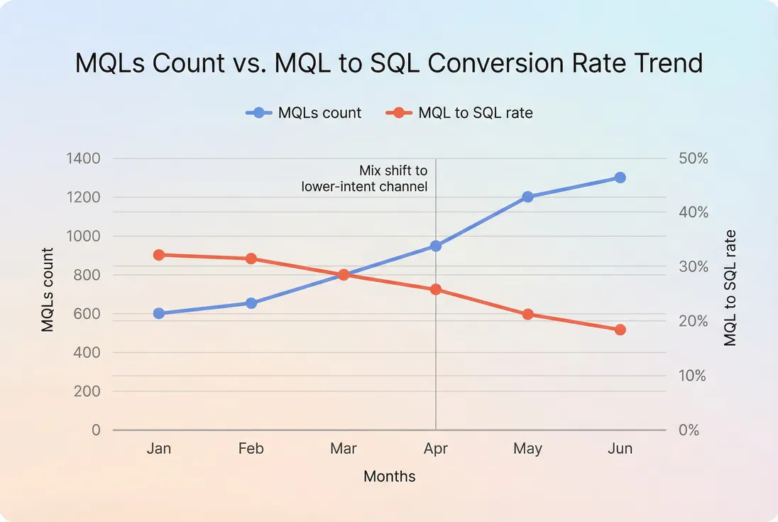 Time series showing MQL volume rising while MQL-to-SQL conversion falls, indicating quality dilution