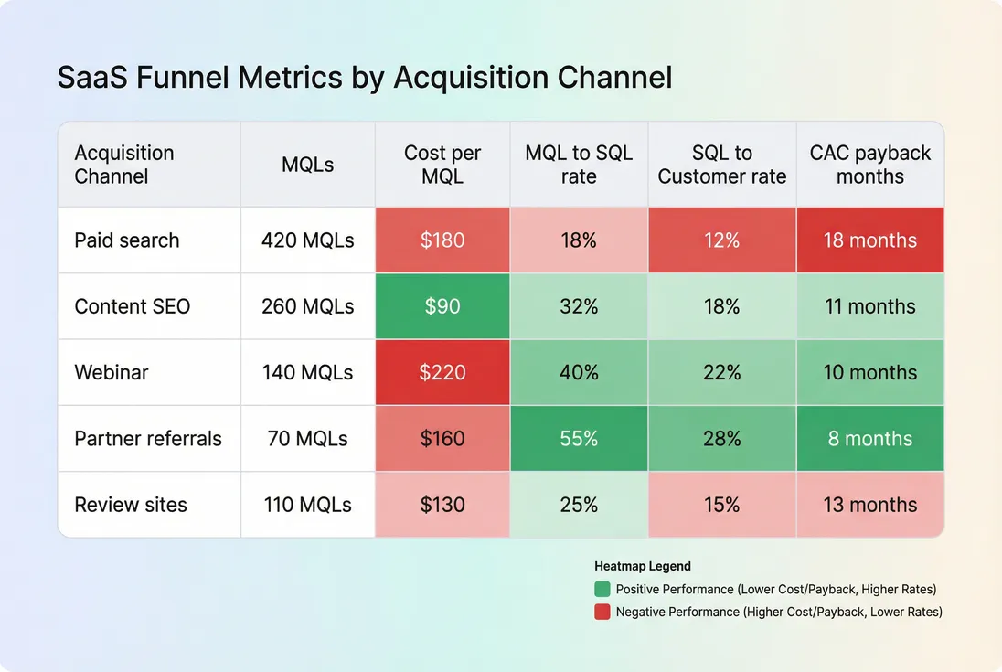 Channel performance table showing MQL volume, cost per MQL, and downstream conversion to SQL and customers
