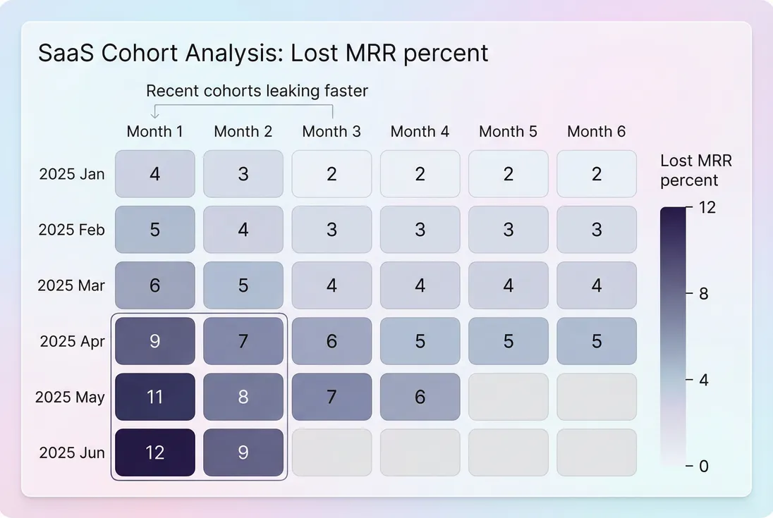 Cohort heatmap showing lost MRR percent by signup month and months since signup