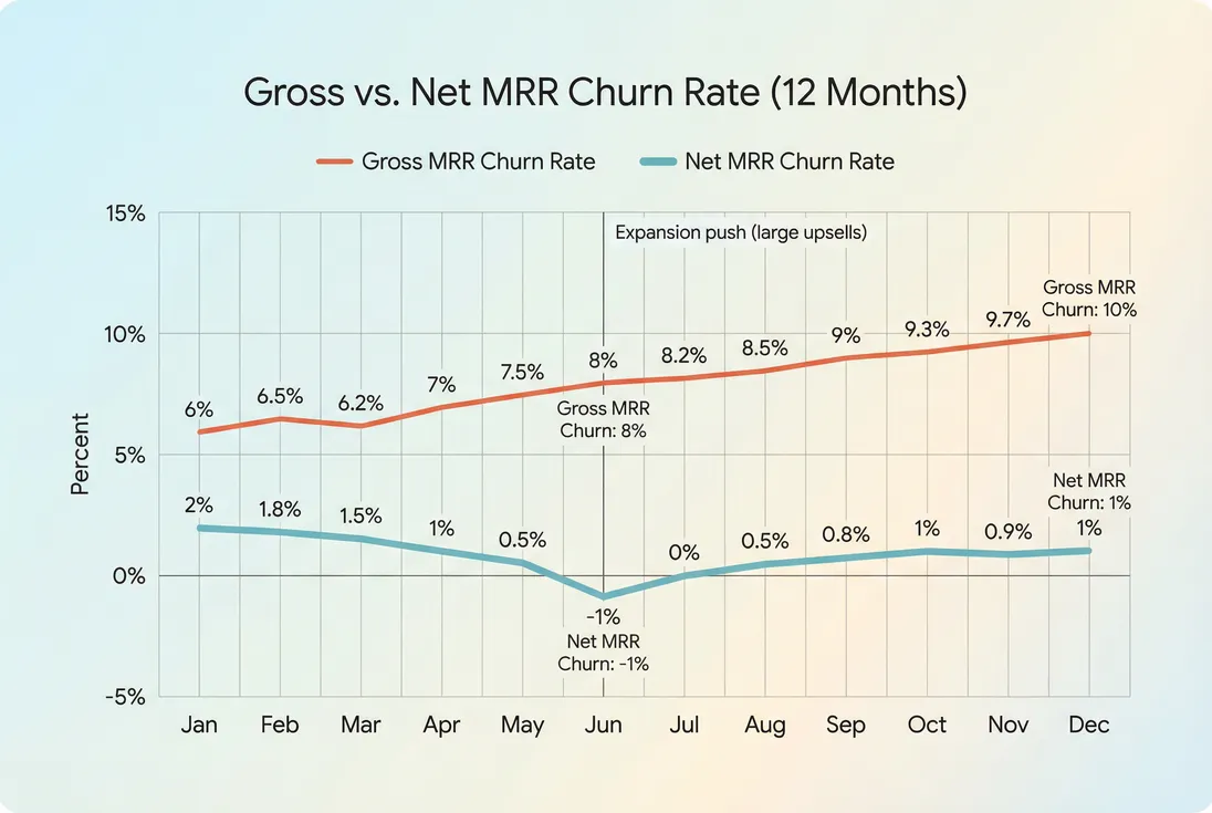 Line chart comparing gross MRR churn and net MRR churn over 12 months