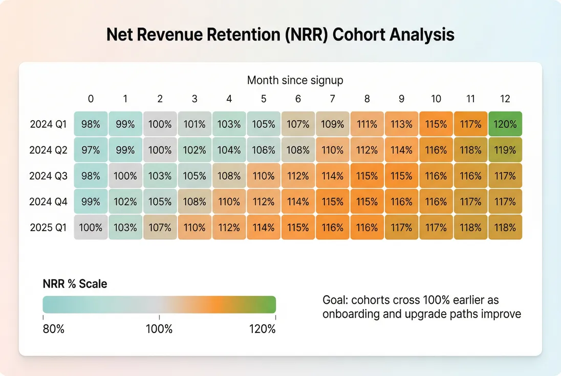 Cohort heatmap of net revenue retention showing newer cohorts reaching above 100 percent after several months