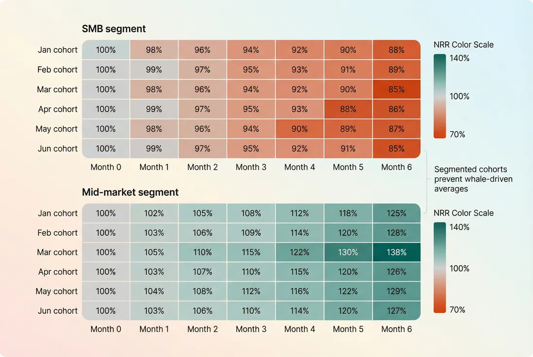 Cohort heatmap of NRR by signup month split by SMB and Mid-market segments