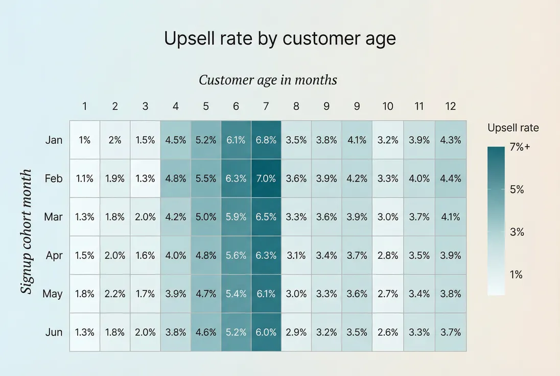 Heatmap of upsell rate by customer age showing when expansion typically happens