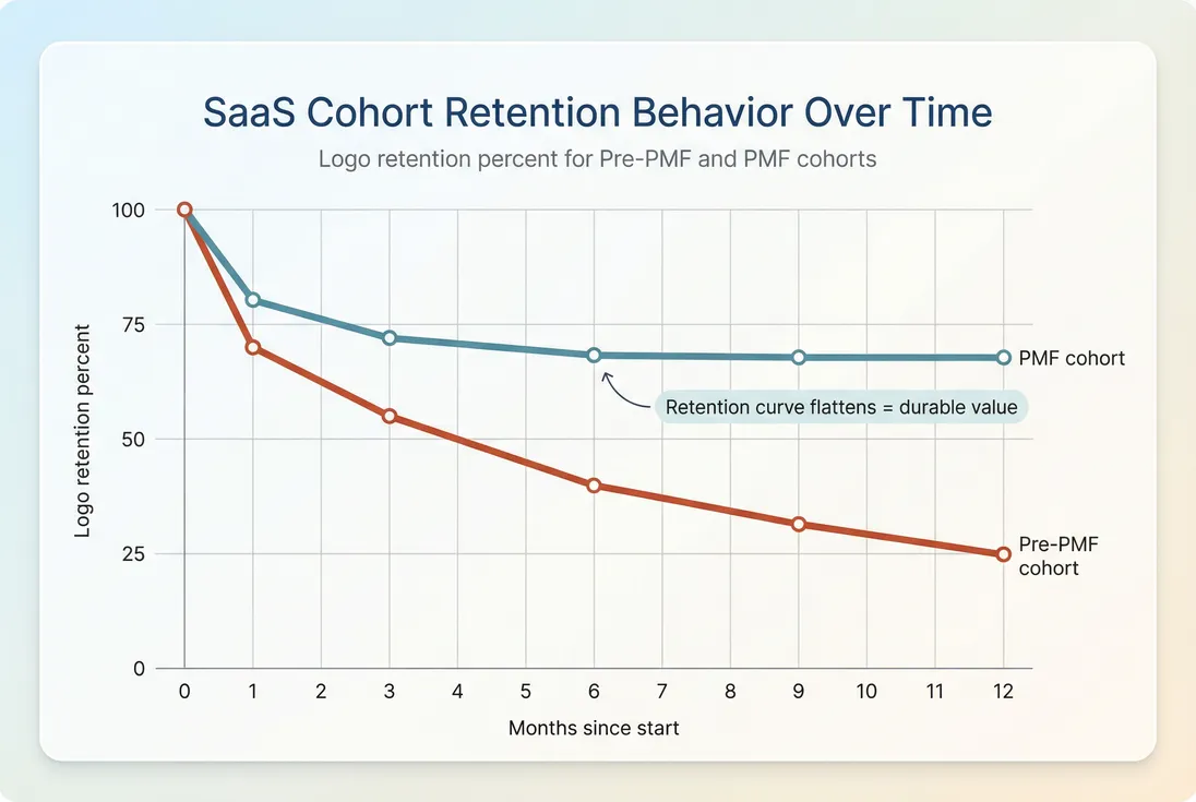 Cohort retention curves showing pre-PMF decline versus PMF flattening