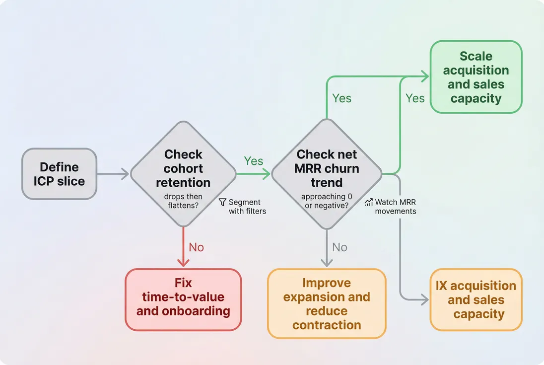 Decision flow diagram for scaling based on retention and net churn signals