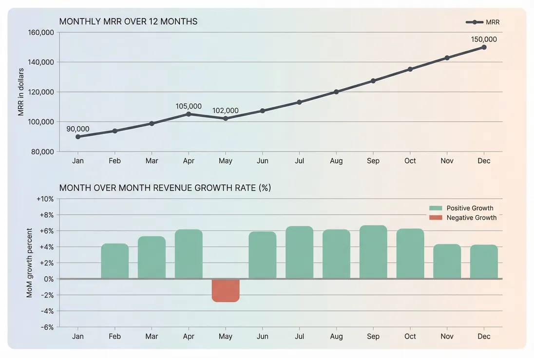 Line chart of MRR by month with bars showing month over month revenue growth rate