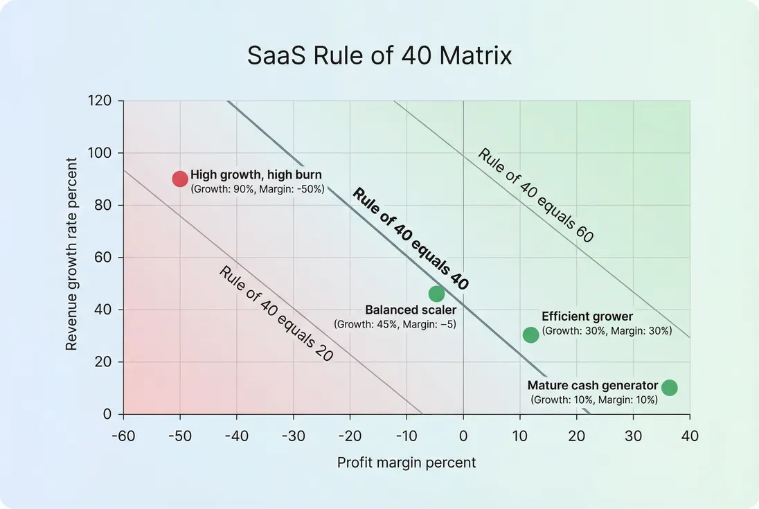 Growth versus margin grid with diagonal Rule of 40 lines and example company points