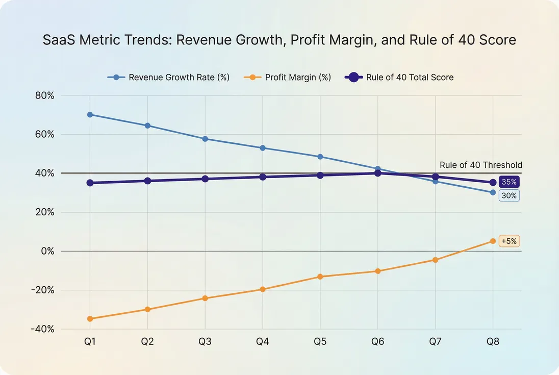 Time series showing growth falling, margin improving, and total Rule of 40 staying stable
