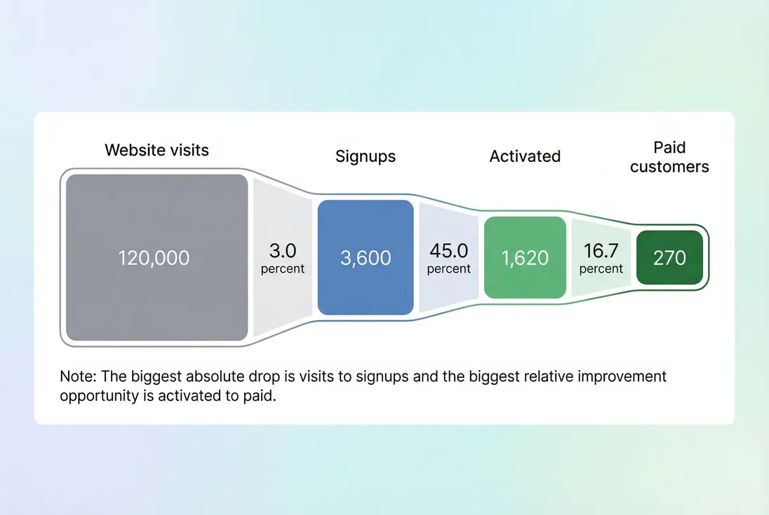 Funnel from visits to signups to activated to paid showing conversion rates and drop-offs