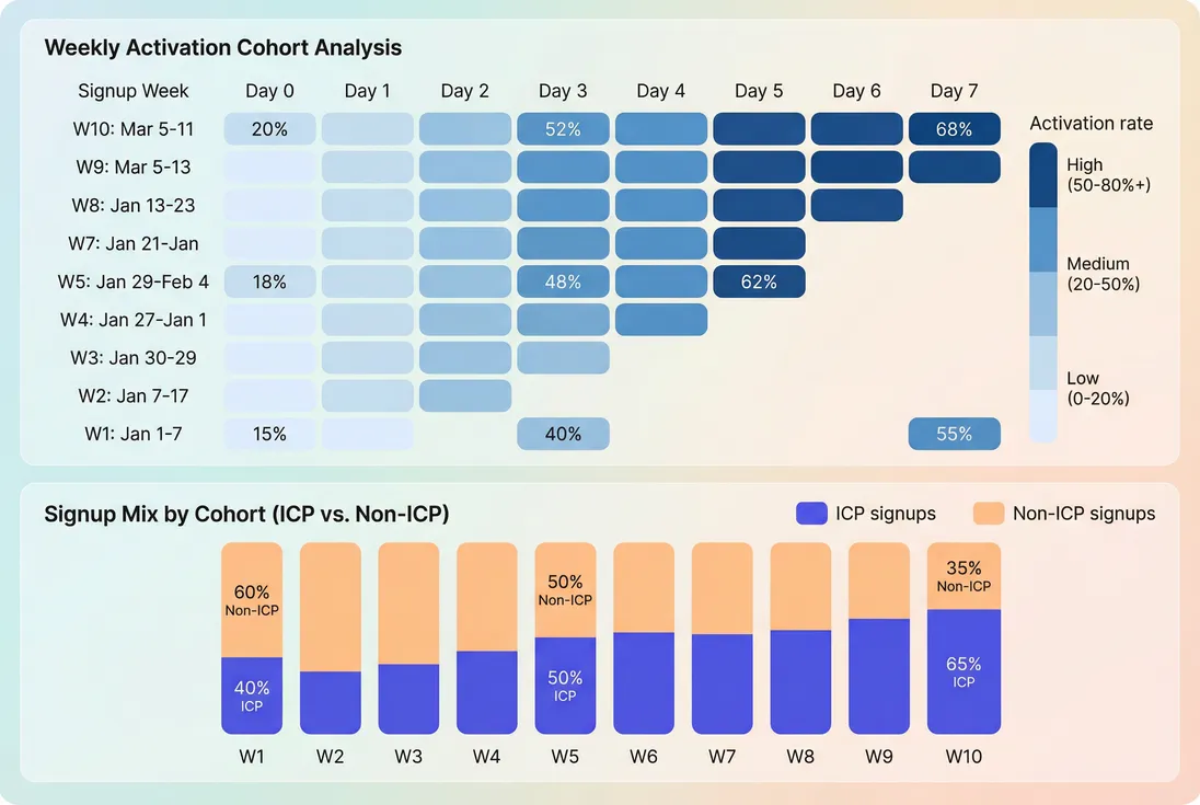 Cohort heatmap of signup cohorts by week showing activation rate by day 7 and segment split