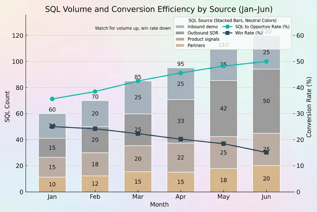 Stacked bars showing SQL volume by source with overlay lines for win rate and SQL-to-opportunity rate