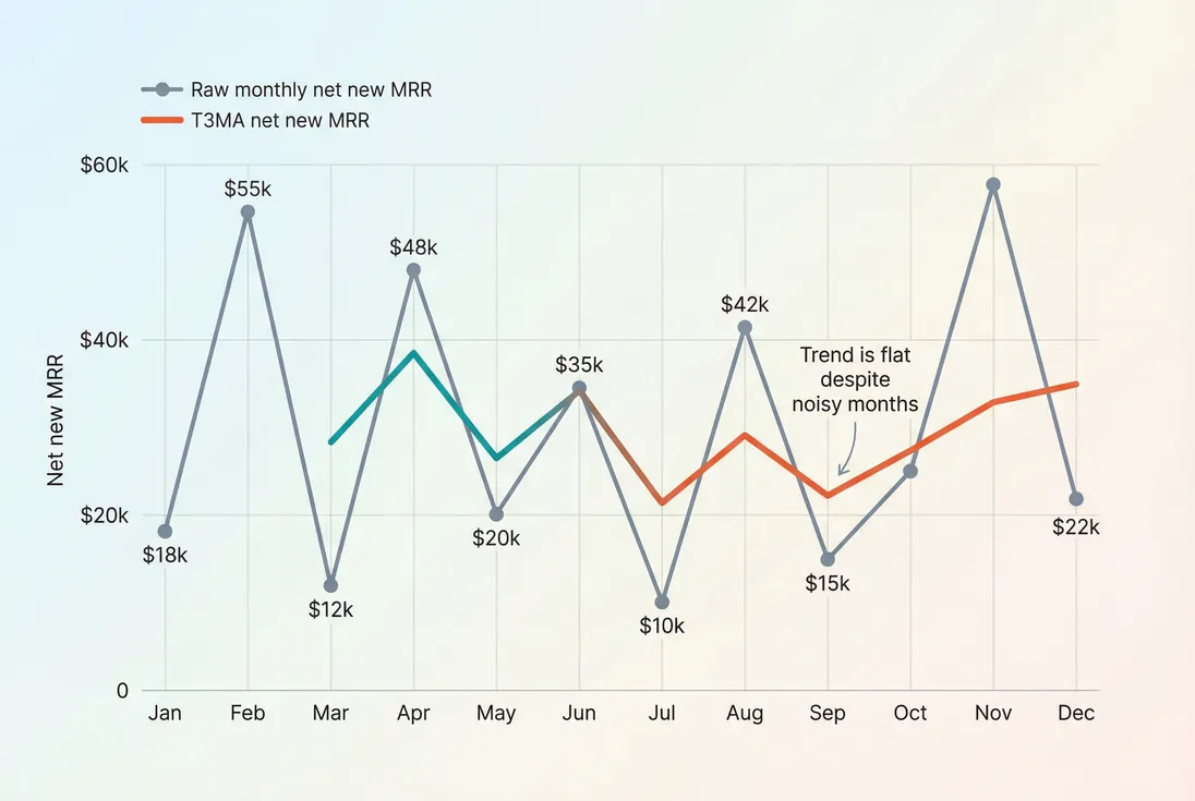 Line chart comparing monthly net new MRR to its trailing 3-month average