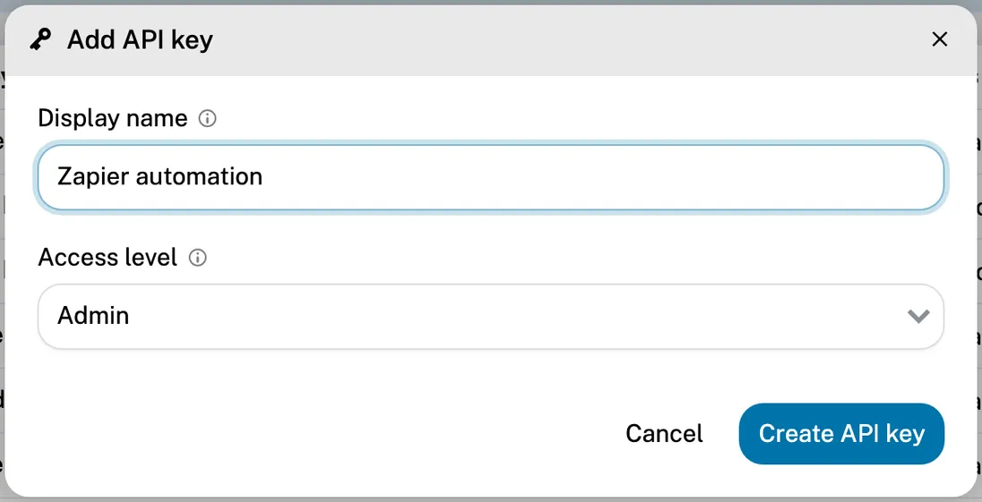The Add API key dialog with display name and access level