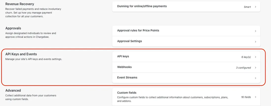 Chargebee API section