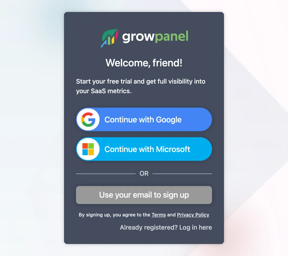 The GrowPanel sign-up page