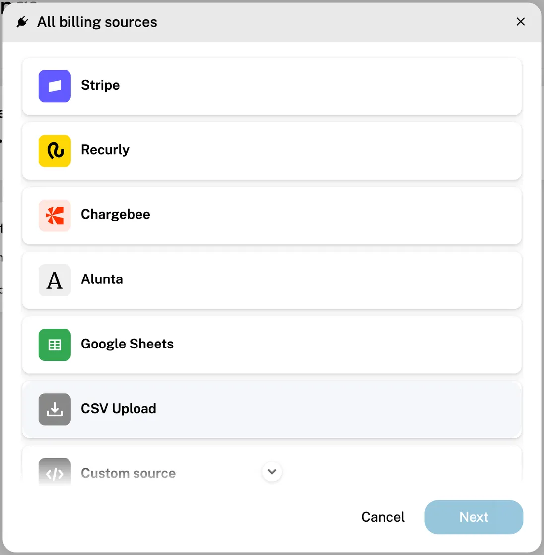 All billing sources, with Custom source at the bottom