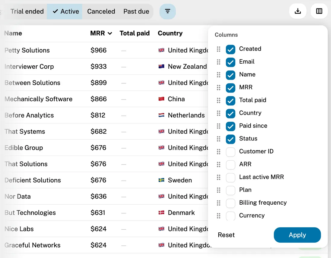 Choosing columns in the customer list