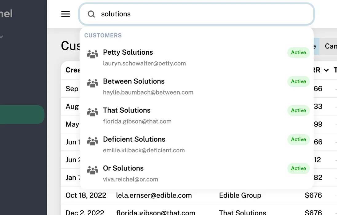 Searching for customers from the search bar